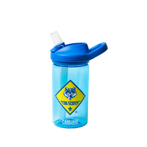 14 oz Camelbak Eddy Water Bottle in transparent blue featuring the classic Cub Scouts logo